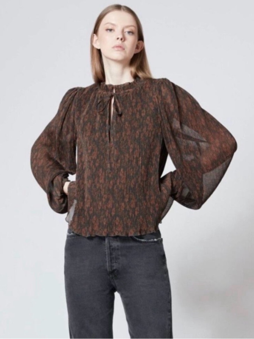 Ganni Ruffle-Neck Long Sleeve Pleated Blouse - Size 38 like new